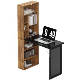 Fold-out Convertible Home Office Desk, Computer Desk with Blackboard and Side Shelf, Rustic Brown