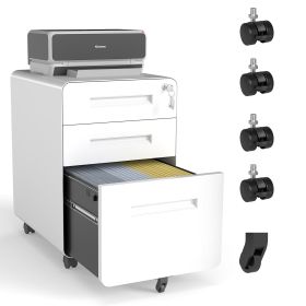 3-Drawer Wide Mobile File Cabinet with Lock, All-Steel Metal Storage Cabinet on Casters, for Home & Office,White, Fully Assembled