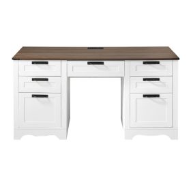 Executive Desk, Farmhouse Office Table with Charging Station, Heavy Duty Particle Board Executive Table with Storage Drawers, 200 LBS Load Capaci