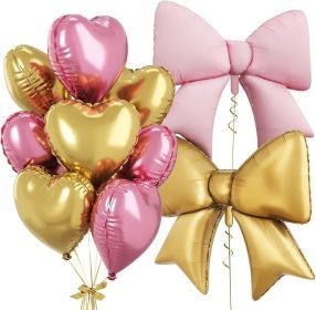 Pink Gold Heart Balloons, Foil Bow Balloons