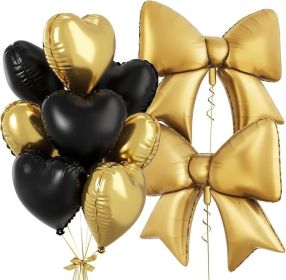 Black Gold Heart Balloons, Foil Bow Balloons