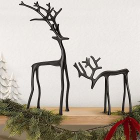 Christmas Decorations - Set of 2 Black Reindeer Statues - Modern Aluminum Alloy Xmas Figurines - Elegant Indoor Holiday Decor - Table Centerpiece