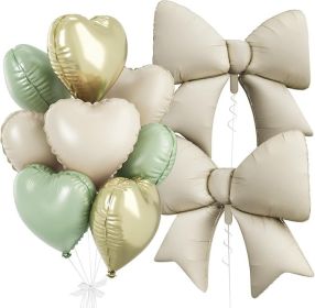 Sage Green Gold Heart Balloons, Foil Bow Balloons