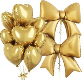 Gold Heart Balloons, Foil Bow Balloons