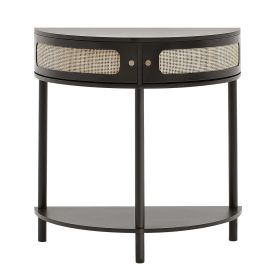 Half-moon Rattan Console Table with 2 Drawers, Rattan Entryway Table with Natural Rattan Sliding Door, Console Table with Storage for Living Room