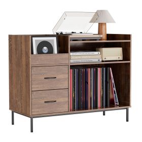 Record Player Stand with Adjustable Shelves, Holds 350+ Vinyls, Media Console with Speaker Shelf & 2 Drawers, 27.6" Turntable TV Stand for Living