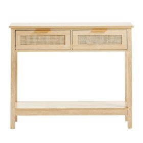 Rattan Console Table with 2 Storage Drawers, Rattan Entryway Table with Natural Rattan Sliding Door, Console Sofa Table for Living Room, Study (Color: Wood Color, Form: With Shelf)
